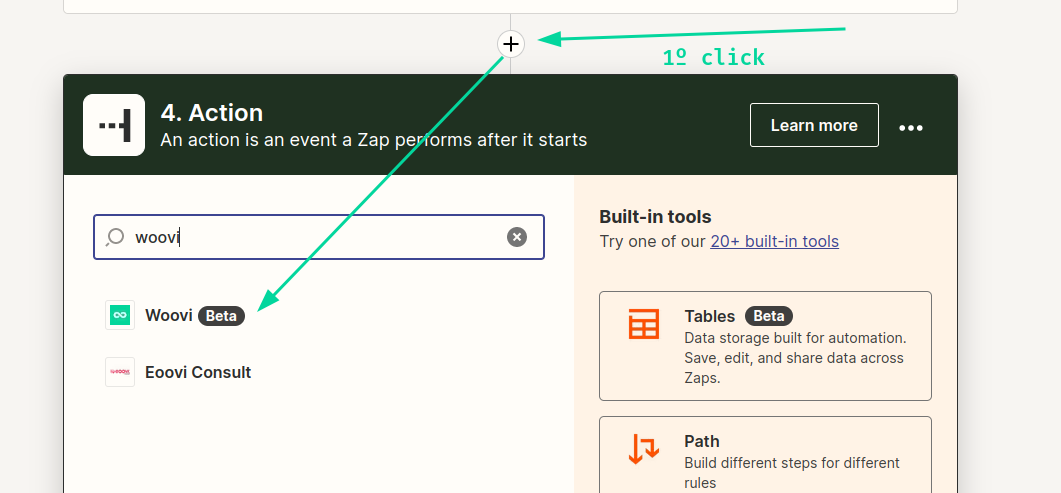 Pesquisando pelo app da Woovi no criador de actions